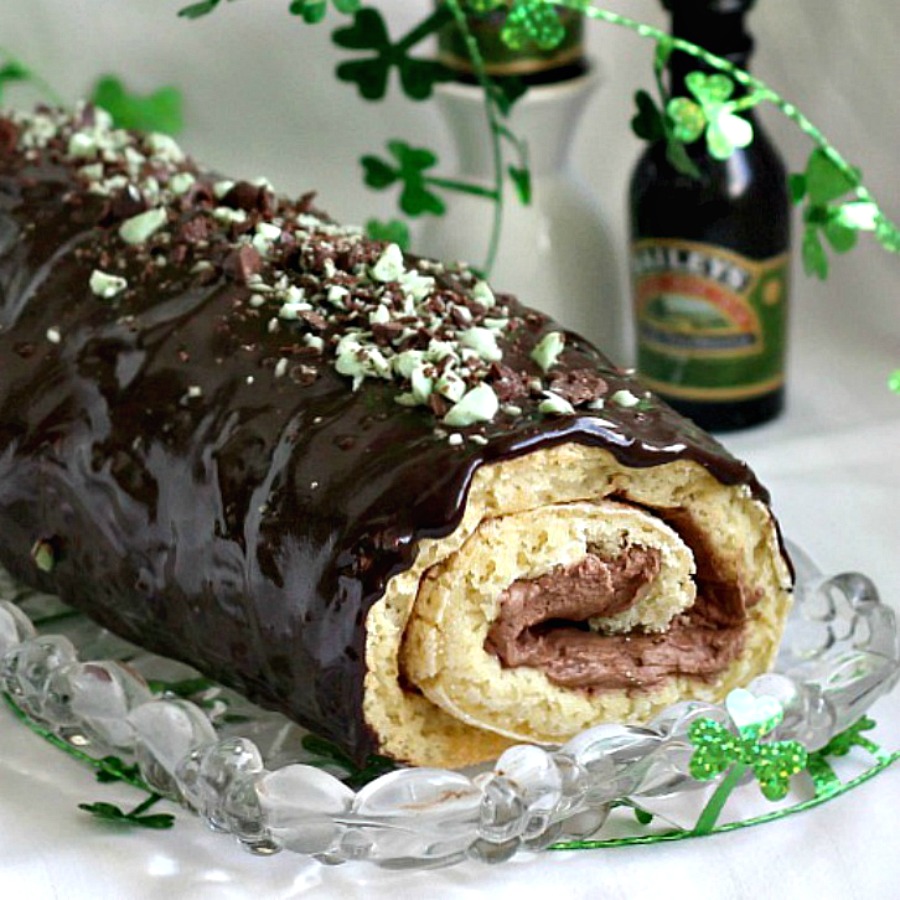 You'll think you've reached the rainbow's end with this over-the-top, Double Chocolate Irish Cream Cake Roll. It is filled with a creamy chocolate center and then covered with a decadent chocolate ganache. Bits of minty chocolate garnish the top for an impressive dessert that will please any Irishman or Irish Lassie.