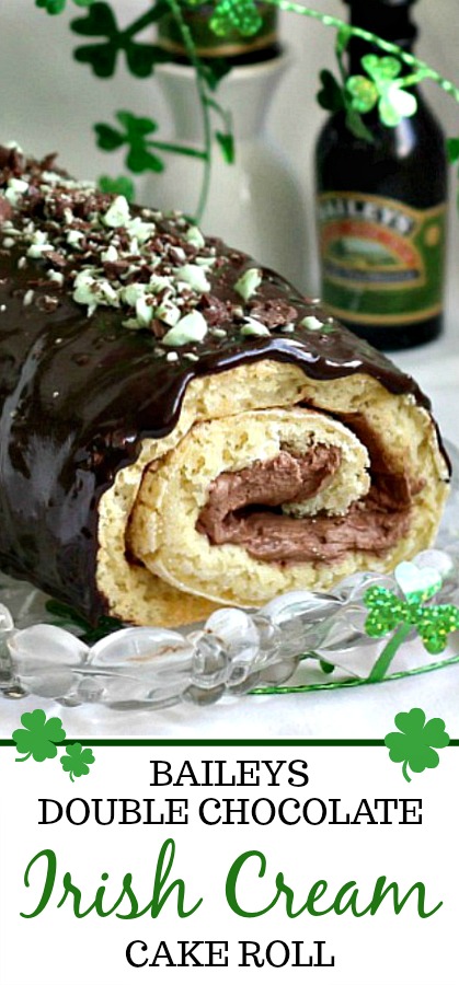 You'll think you've reached the rainbow's end with this over-the-top, Double Chocolate Irish Cream Cake Roll. It is filled with a creamy chocolate center and then covered with a decadent chocolate ganache. Bits of minty chocolate garnish the top for an impressive dessert that will please any Irishman or Irish Lassie.