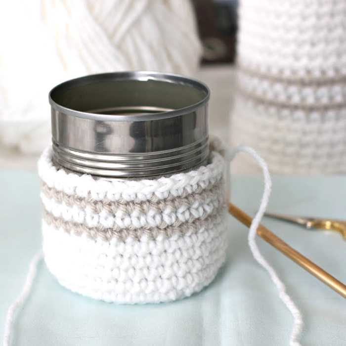 Super easy pattern for cute, useful crochet cozy for jars or cans. Organize your vanity, desk and arts and crafts supplies. Recycle, upcycle and repurpose into multipurpose items!