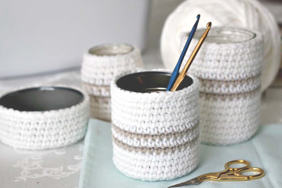 Super easy pattern for cute, useful crochet cozy for jars or cans. Organize your vanity, desk and arts and crafts supplies. Recycle, upcycle and repurpose into multipurpose items!