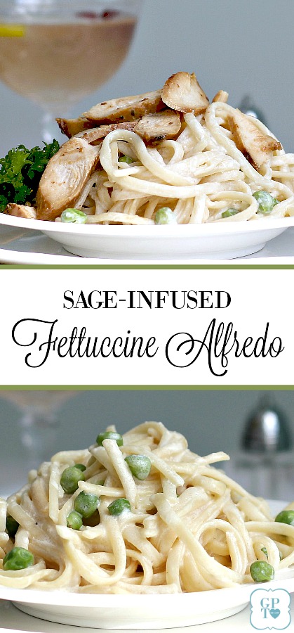 Sage-infused Fettuccine Alfredo is an easy recipe for a lighter, healthier version of Fettuccine Alfredo. Serve with a crisp salad or topped with grilled chicken for a lovely Easter dinner, romantic Valentine's Day or whenever you want a special pasta meal. 