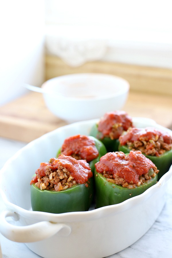 A complete and comforting meal of favorable ground beef and rice in a neat bell pepper package topped with your favorite tomato sauce.