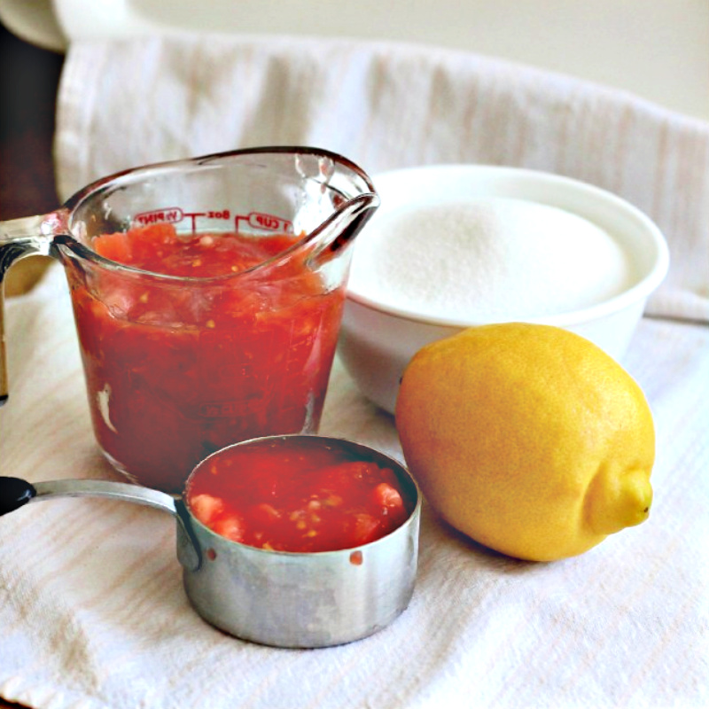 Vintage recipe for Grandmom Gaskill's Tomato Jam made with just three ingredients. Tomatoes, sugar and lemon/lime juice. Canning instructions