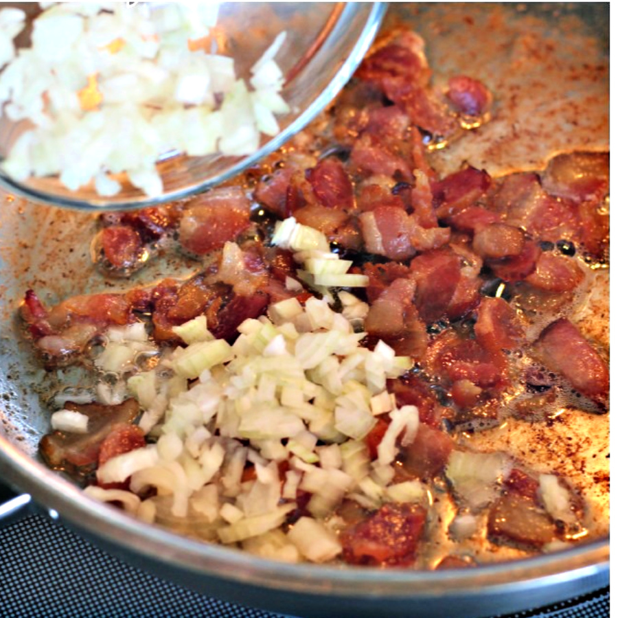 Easy recipe for bacon tomato jam, of sauteed bacon and sweet onions. A savory condiment with a little kick perfect for burgers, eggs and veggies.