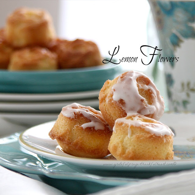 Recipe for a sweet treat perfect for serving at  luncheon, brunch or tea party. Lemon Flower teacakes are pretty and tasty.