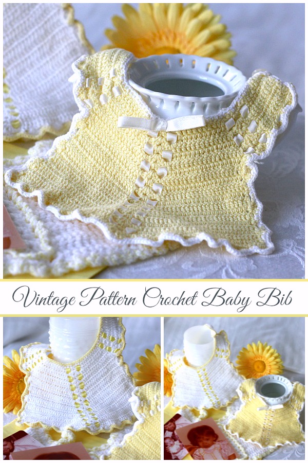 Sweet crochet baby bib is adapted from a vintage pattern and perfect for a toddler. Almost too pretty to use as a bib but adorable to dress up an outfit.