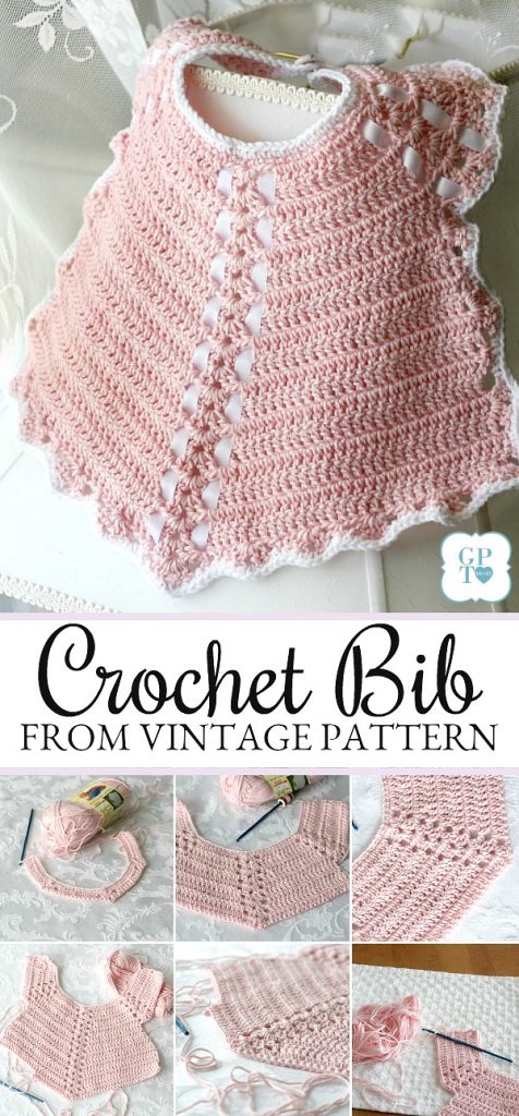 Sweet crochet baby bib is adapted from a vintage pattern and perfect for a toddler. Almost too pretty to use as a bib but adorable to dress up an outfit.