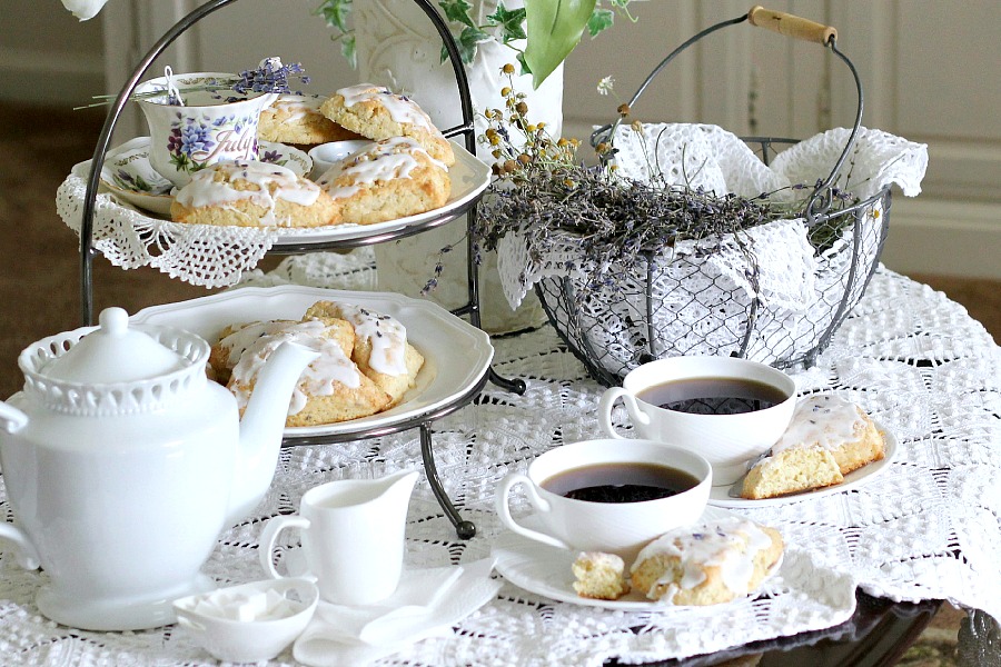 Easy recipe for glazed Sweet Lavender Scones delicious with coffee or tea. Lavender buds impart a mild floral hint that is unique but not overpowering.