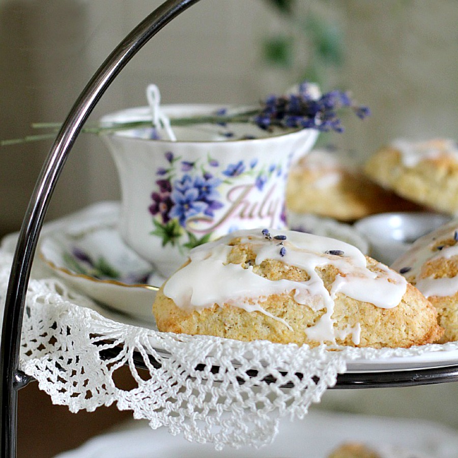 Easy recipe for glazed Sweet Lavender Scones delicious with coffee or tea. Lavender buds impart a mild floral hint that is unique but not overpowering.