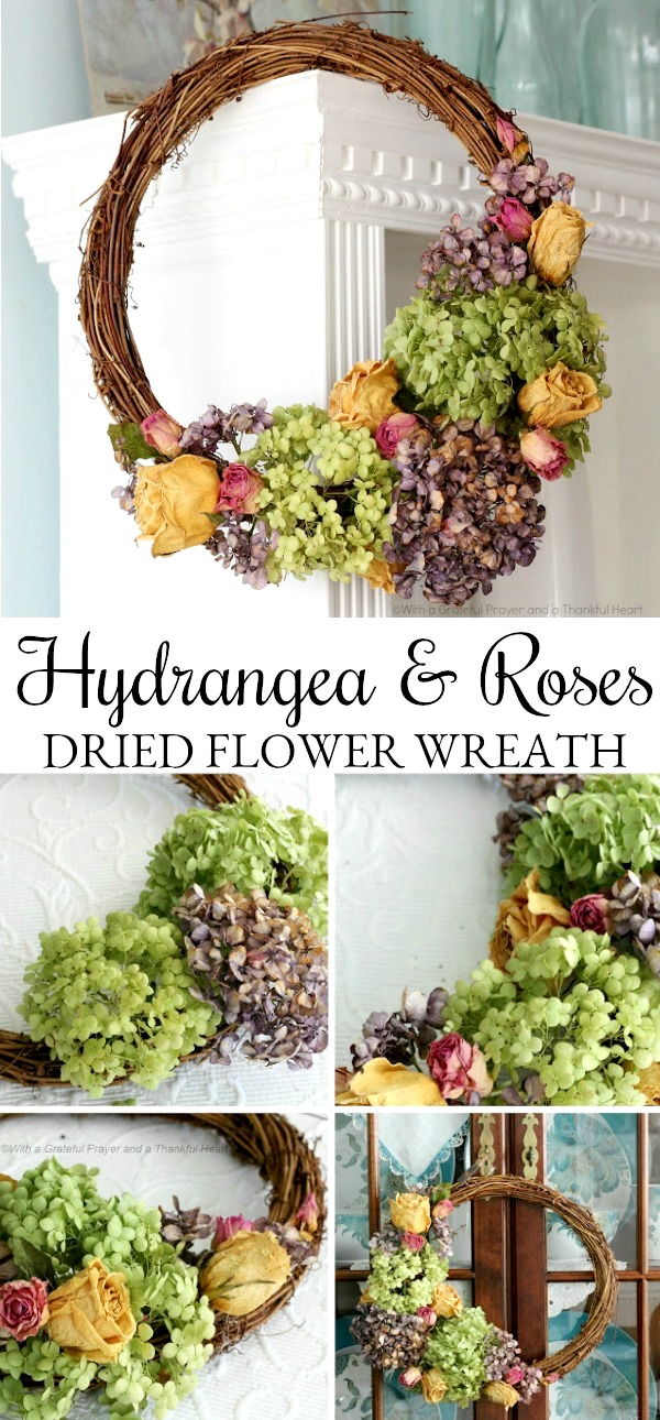 Preserve hydrangea, roses and garden flowers by drying then used to create a lovely wreath.