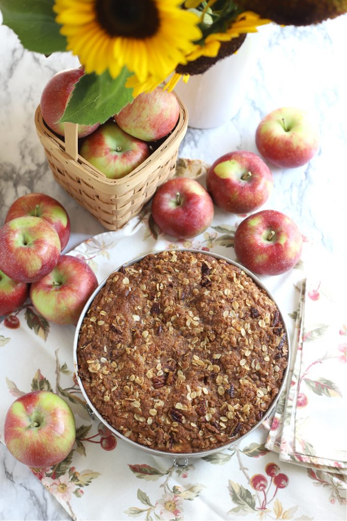 An easy recipe for apple coffee cake with an oat and pecan crumbly topping and a white glaze. It is a lovely autumn dessert or snacking time treat. 