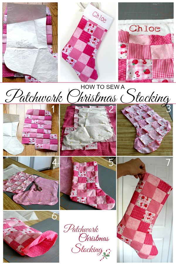 How to pattern for sewing a Patchwork Christmas Stocking easy enough for a beginner. Makes a sweet, personalized gift for kids and grandchildren.