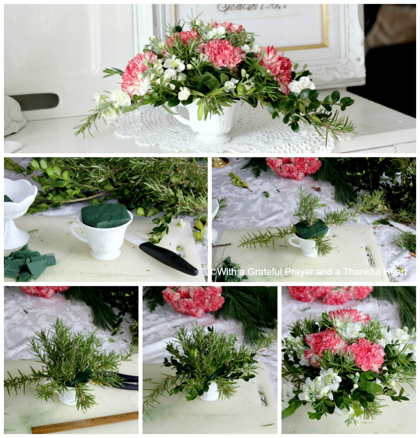 Make a cheerful and inexpensive Christmas floral centerpiece using greens from your yard and flowers from the grocery store with this easy DIY holiday how-to.