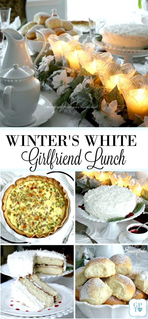 Brighten those winter blues with a lovely Winter's White lunch with friends. Tablescape and menu for snowflake rolls, quiche and a white cake with coconut frosting.