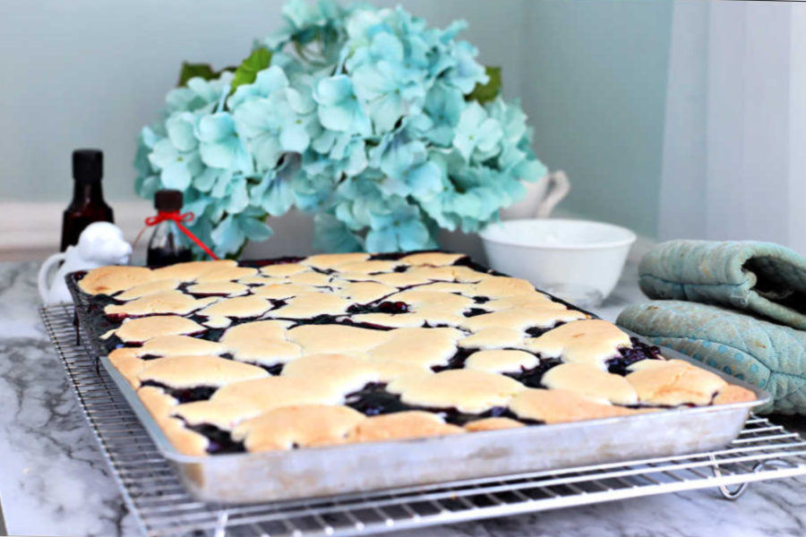 Cherry and blueberry fruit bars out of the oven.