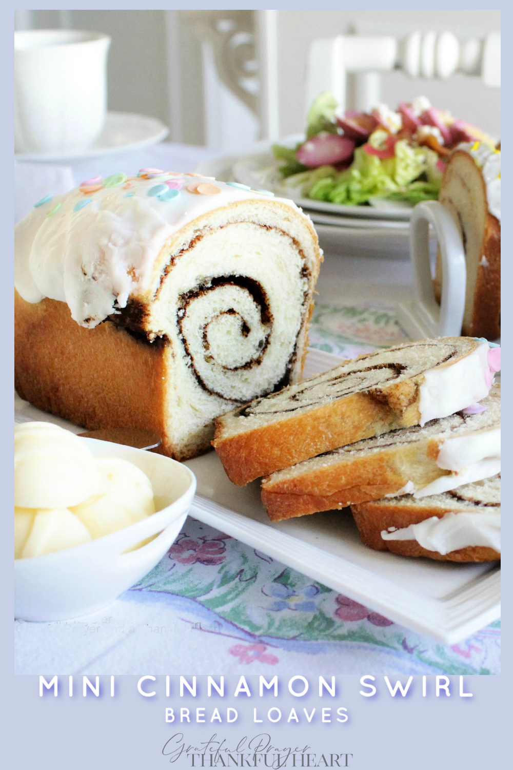 A vintage Chic Easter dinner for two includes an easy recipe for mini cinnamon swirl bread loaves.