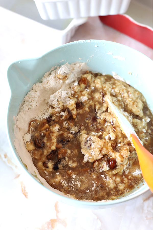 Making the batter for fig & date nut quick bread recipe.