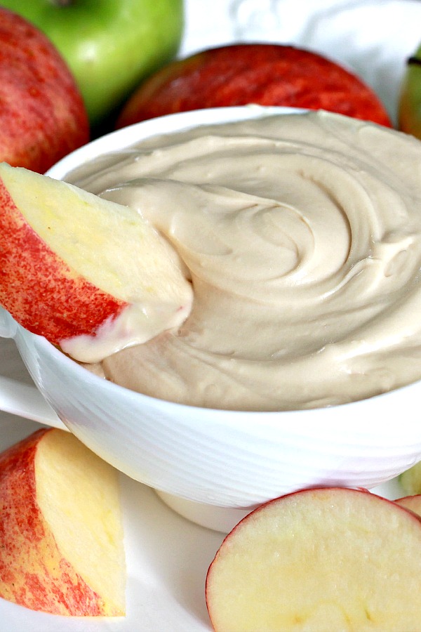 Easy recipe for Cream cheese apple dip is a perfect way to enjoy crisp, Autumn apples. Just three ingredients mixed together for a healthy snack.