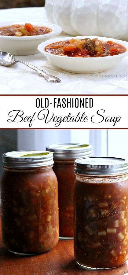 Easy and delicious recipe for old fashioned beef vegetable soup that freezes well. Lots of veggies, chunks of beef and tender pasta is perfect served with buttermilk biscuits. 