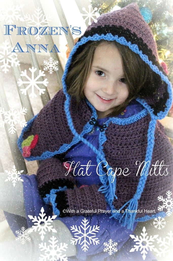 Little girls love Disney and they love dress-up. Crochet this sweet FROZEN Princess Anna Hat, Cape & Mitts. Pattern for mitts in post with links for cape and hat. 