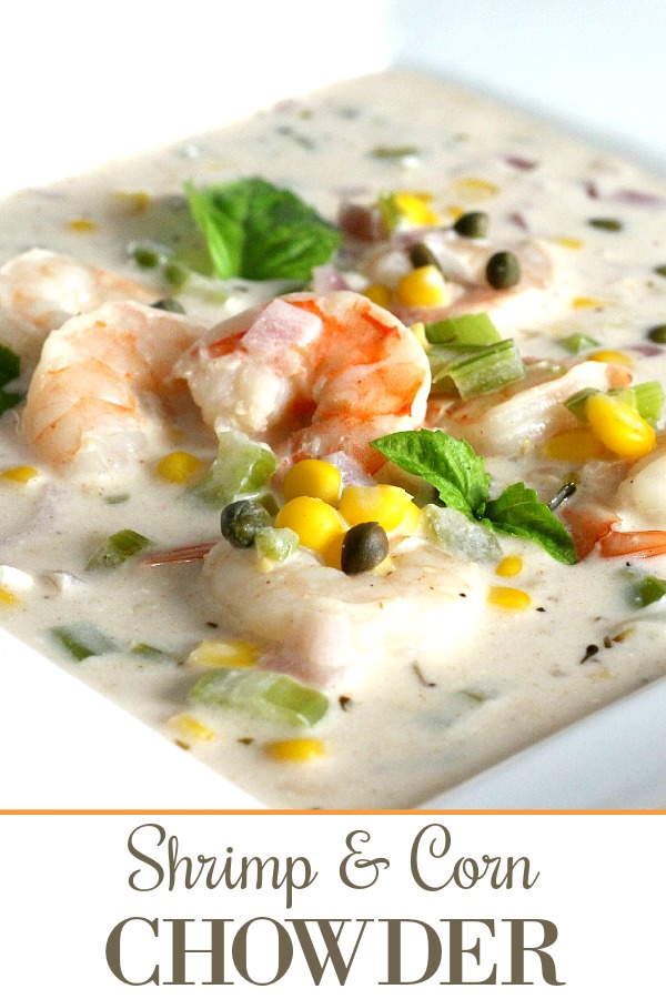 Easy recipe for Shrimp and Corn Chowder brimming with crisp corn, celery, bell pepper and onion in a delicious creamy broth.