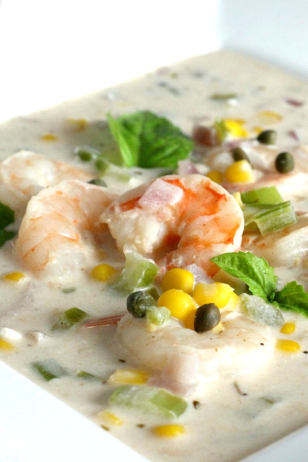 Easy recipe for Shrimp and Corn Chowder brimming with crisp corn, celery, bell pepper and onion in a delicious creamy broth.