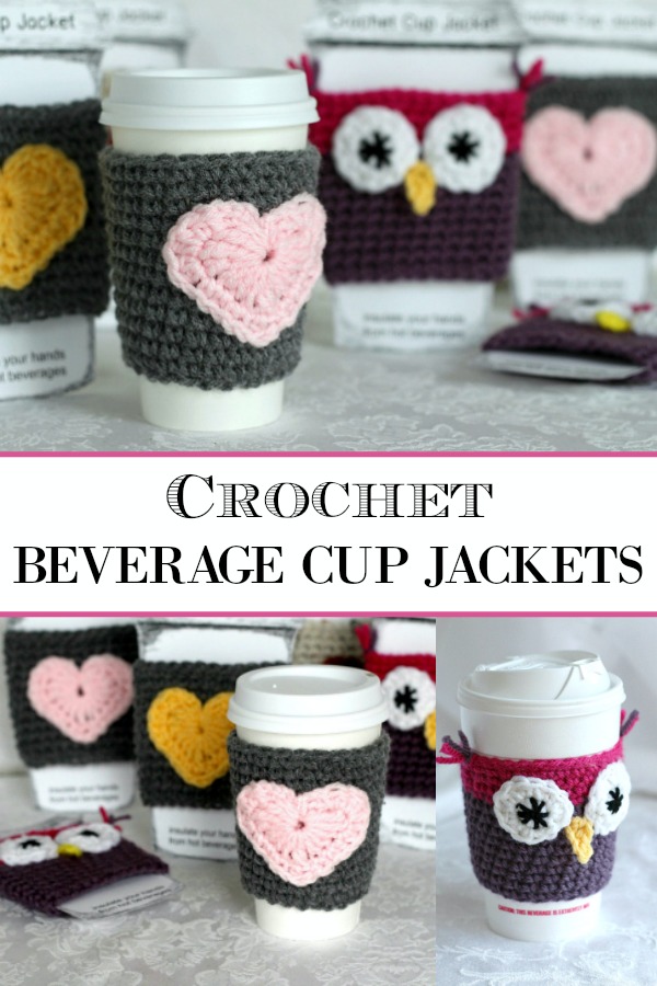 Crochet Beverage Cup Jackets are both adorable and useful for protecting your hands from containers filled with hot beverages. Easy pattern and variations.