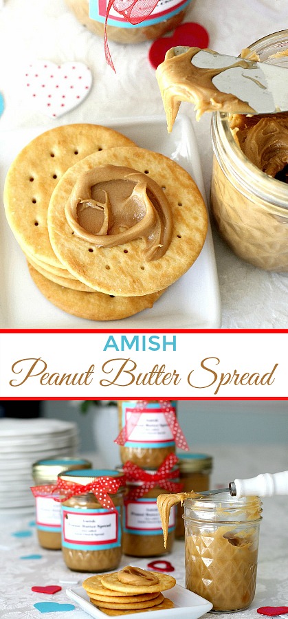 Easy to make recipe for Amish Peanut Butter Spread. Sweet, creamy and great on bread, toast, crackers and apple slices. 