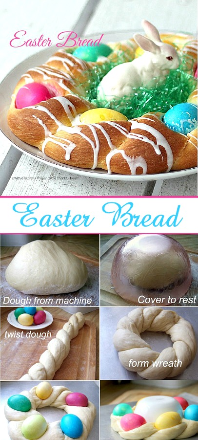 A beautiful Easter egg braided yeast bread tastes delicious and is so pretty with dyed eggs tucked into the braided ring then drizzled with a light glaze. Easy recipe using a bread machine to make the dough.