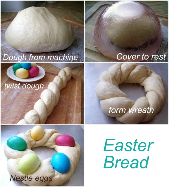 A beautiful Easter egg braided yeast bread tastes delicious and is so pretty with dyed eggs tucked into the braided ring then drizzled with a light glaze. Easy recipe using a bread machine to make the dough.