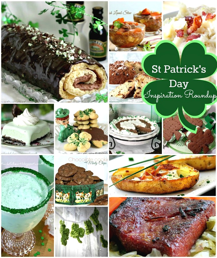 All you need for celebrating St Patrick's Day with a Roundup of Ideas for appetizer, entrees and sweet treat dessert. Festive Irish Cream Cake, Lamb Stew, Irish Soda Bread, buttery cookies, Frozen Minty Mousse Pie, Shamrock Milkshake, Corned Beef Brisket, and Potato Skins plus more. Scroll through and get ready to party! 