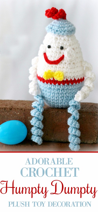 This happy little Crochet Humpty Dumpty Egg is made using a modified version of my Easter Egg pattern. He certainly doesn't fit in to an Easter decorating theme, but he does make a cute baby toy, baby shower decoration or gift topper.