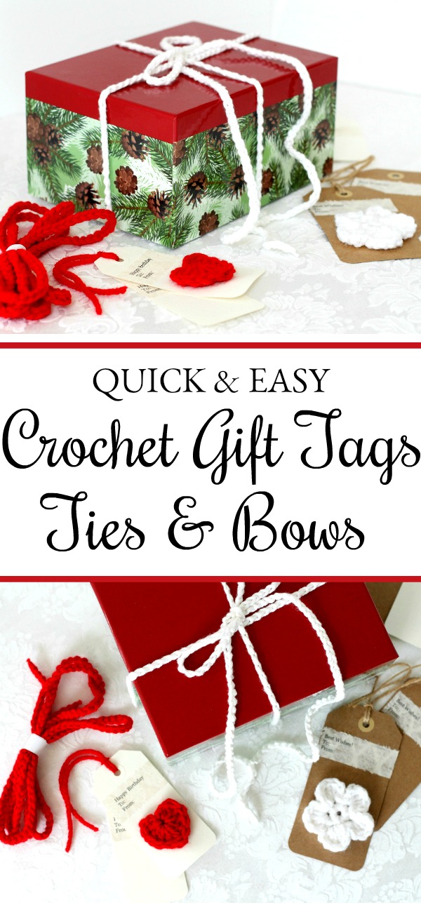 Embellish gift packages with quick and easy crochet gift tags, ties & bows. Reusable and so cute. Add tiny flowers, hearts, leaves and wreaths of yarn. 