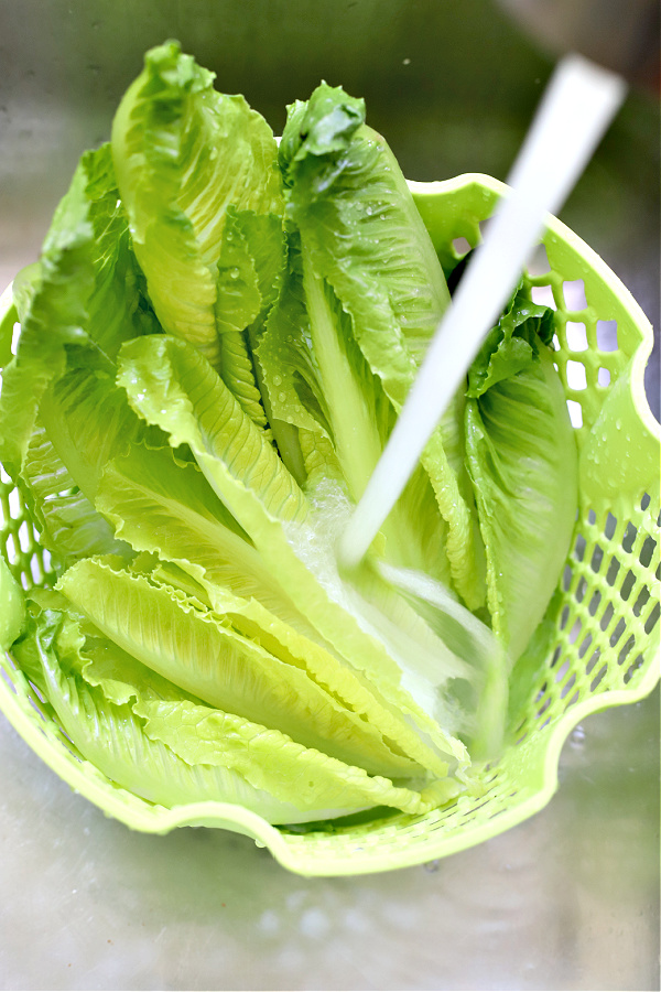 washing romaine lettuce for chicken pineapple mango Asian salad