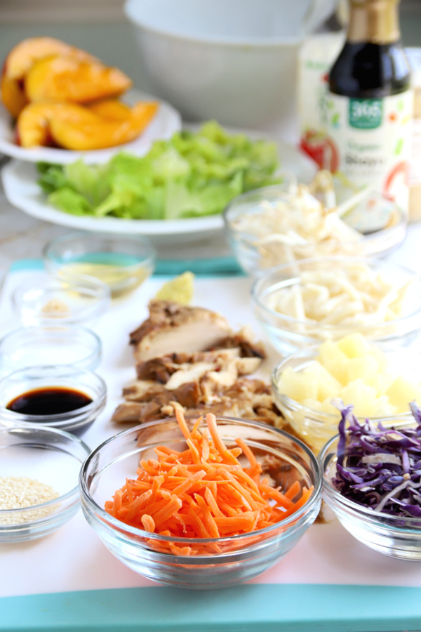 Ingredients for chicken pineapple mango Asian salad