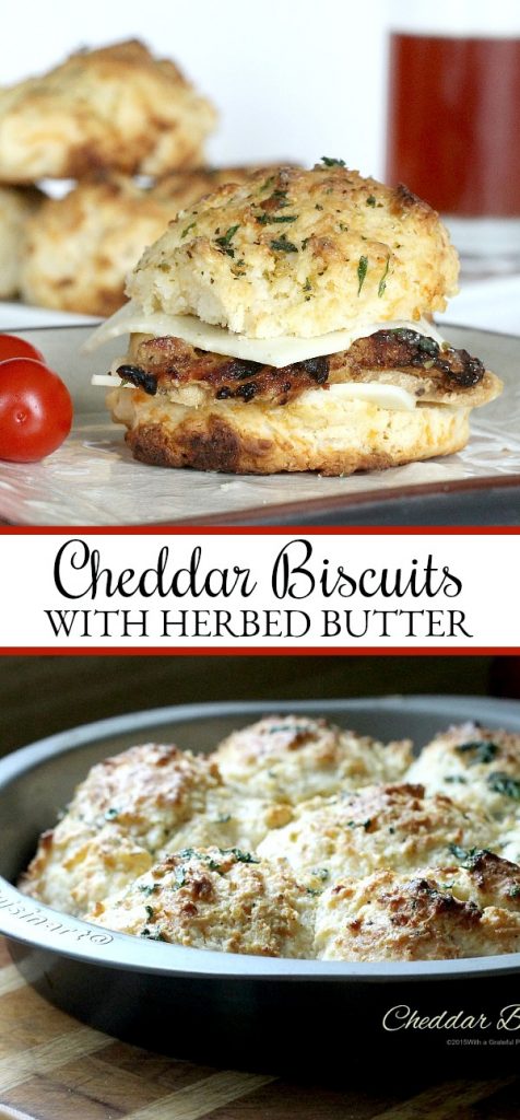 Easy recipe for homemade buttermilk cheddar cheese biscuits brushed with herb butter. Drop scoops of dough into pan and bake. No kneading or cutting involved.