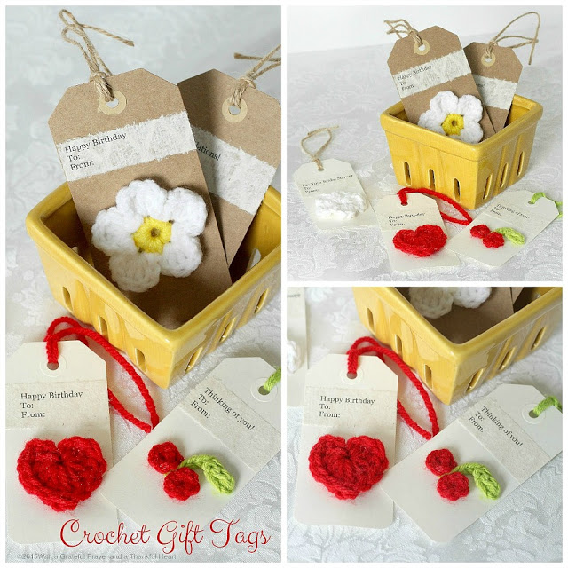 Embellish gift packages with quick and easy crochet gift tags, ties & bows. Reusable and so cute. Add tiny flowers, hearts, leaves and wreaths of yarn. 