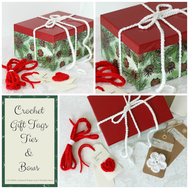 Crochet gift tags, ties and flower bows are easy, quick and cute embellishment for gift packages.