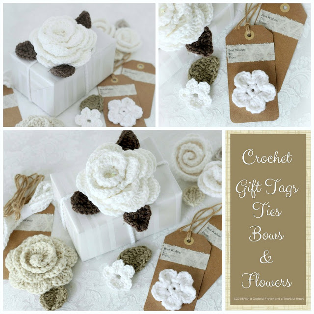 Embellish gift packages with quick and easy crochet gift tags, ties & bows. Reusable and so cute. Add tiny flowers, hearts, leaves and wreaths of yarn. 