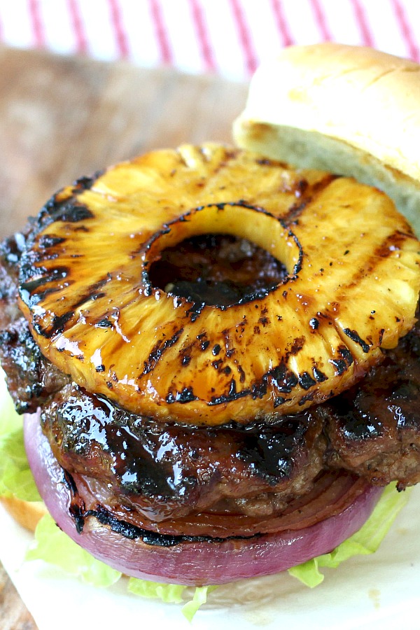 Homemade teriyaki sauce is amazing brushed on burgers, chicken or salmon. An easy recipe that gives so much flavor especially with grilled pineapple and red onion.