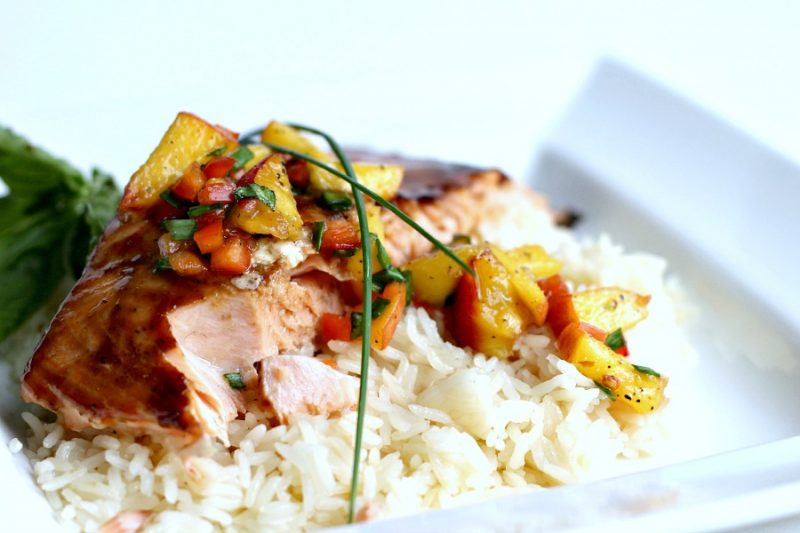 Easy recipe for Teriyaki salmon with peach salsa along a with recipe for homemade teriyaki sauce for a delicious dinnertime meal. Prep time less than 30 minutes (45 if making homemade teriyaki sauce). 