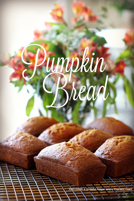 Delicious pumpkin quick bread full of cinnamon, nutmeg, cloves & ginger. Perfect mini loaves to share with friends. Bake ahead & freeze for Thanksgiving.