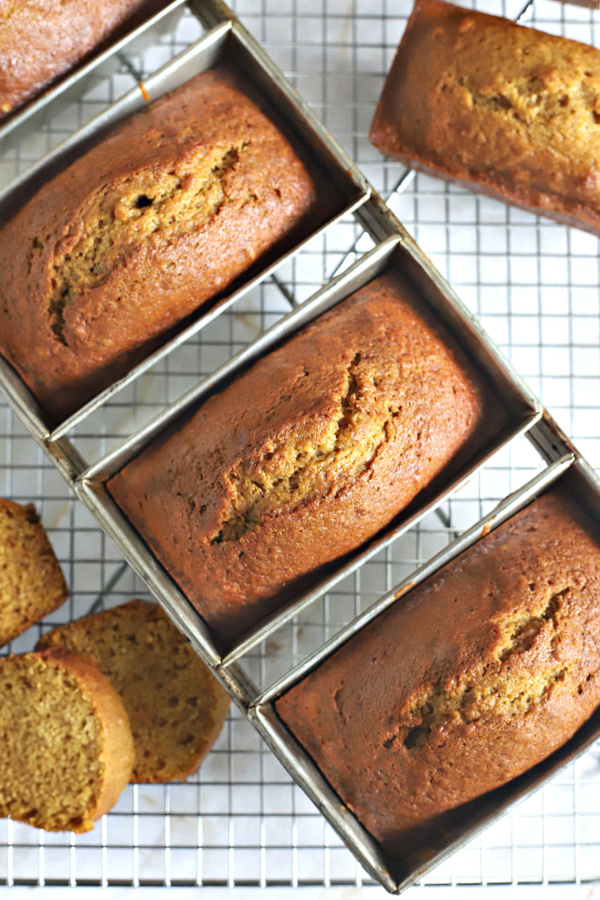 Baked pumpkin bread cooling in mini loaf-size pans