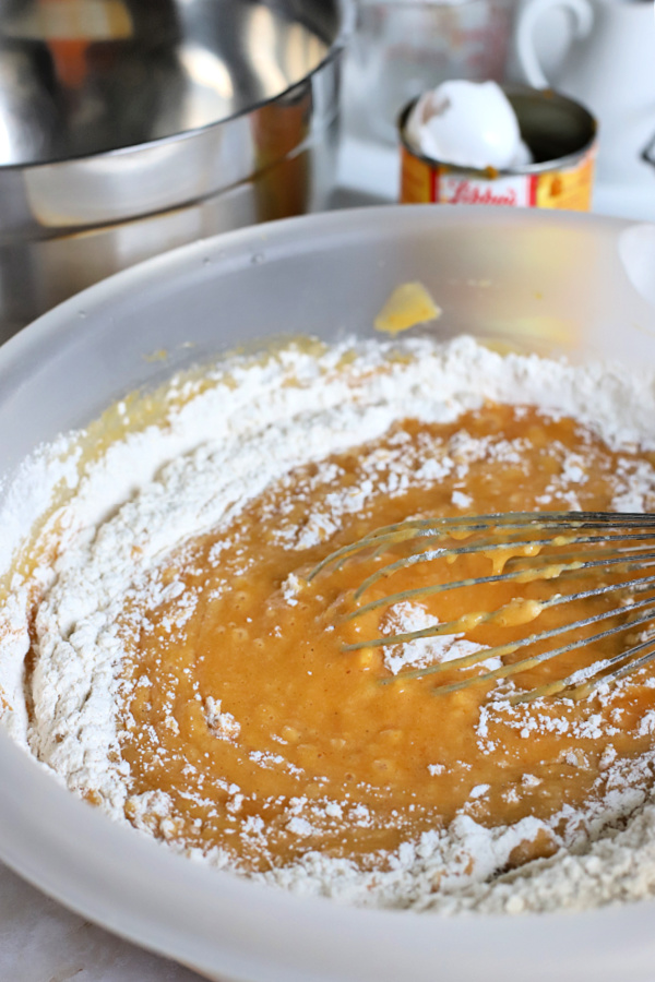 combining wet and dry ingredients for pumpkin bread