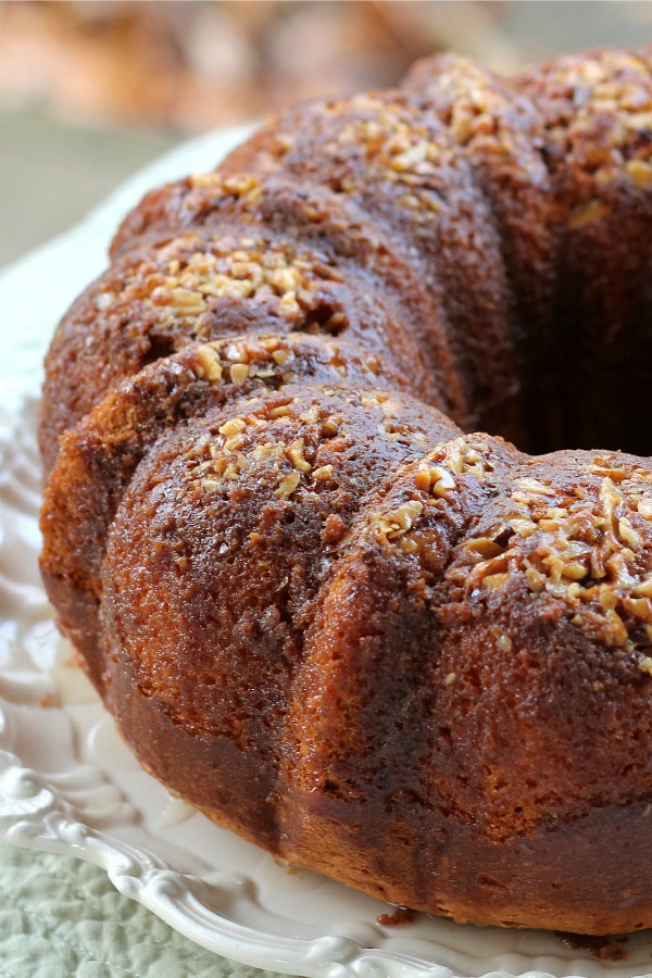 For serving or sharing, festive and moist rum cake with butter rum glaze is ready for the oven in no time because it begins with a cake mix! Gift in a holiday tin or on a pretty plate tied up with cellophane and ribbon for a lovely presentation.