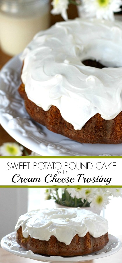 Easy bundt cake recipe for Sweet Potato Pound Cake with cream cheese frosting.