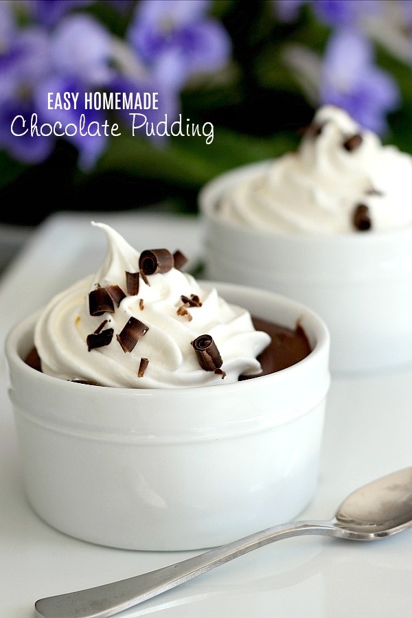 Easy homemade chocolate pudding is a classic dessert. Top with whipped cream and chocolate shavings. Made with kids while waiting for baby sisters arrival.