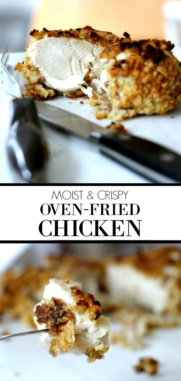 Oven-fried Chicken Breasts are moist on the inside with a nice crispy coating on the outside. That's hard to achieve using skinless, boneless chicken breasts and baking in the oven. Not with this recipe!