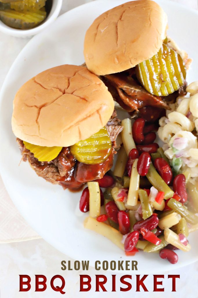 Super easy recipe for tender and delicious slow cooker barbecue beef brisket for those busy days when you want a great meal for your family.