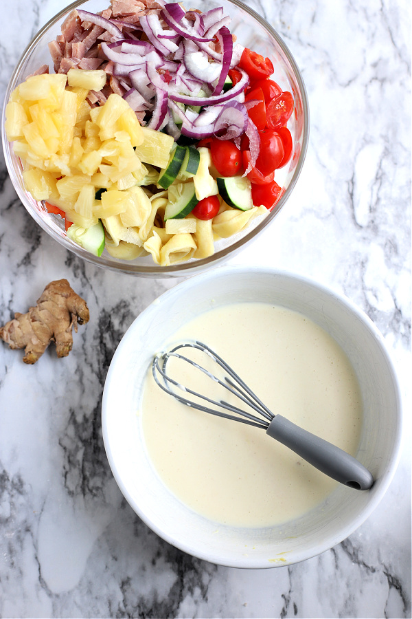 creamy dressing for Hawaiian pasta salad with cheese tortellini and ham